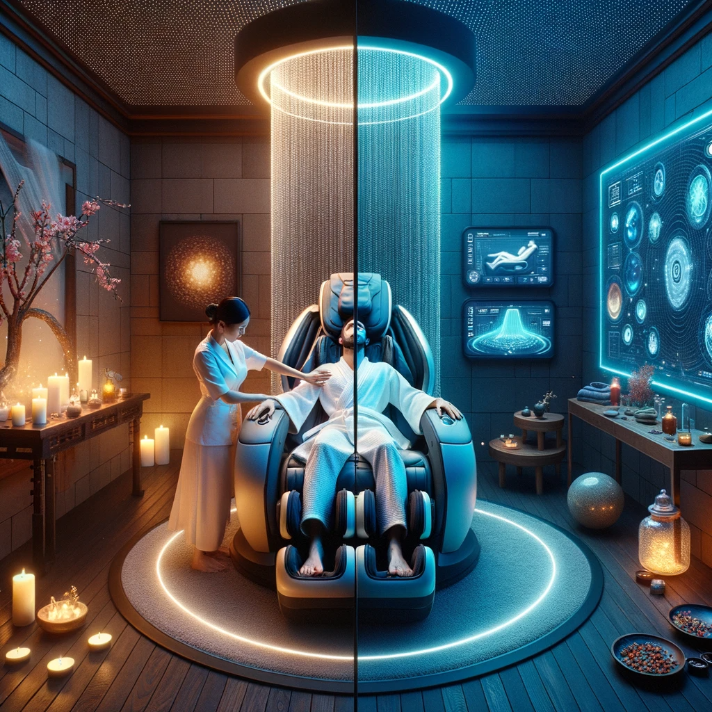 Split scene comparing traditional spa massage with a European man and Middle Eastern masseuse on the left, to a futuristic zero gravity massage chair with an Asian woman on the right.