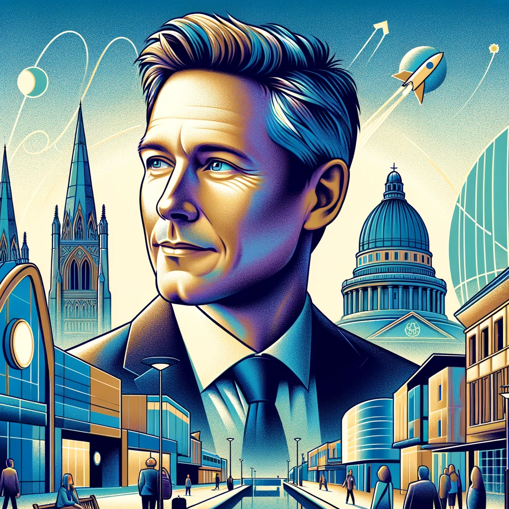Illustrative image of Peter Soulsby with Leicester's architectural highlights, representing his influence on the city.